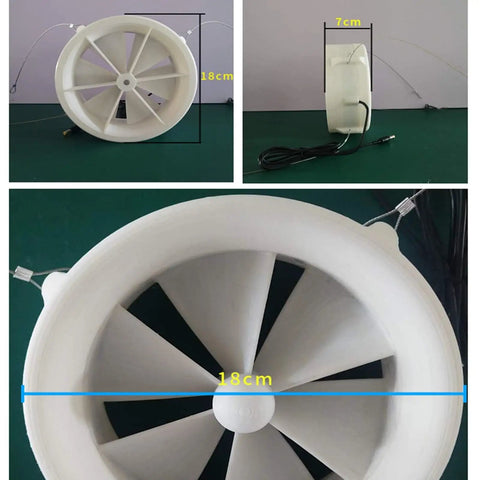 Dual-Mode Portable Wind And Water Turbine Generator with six blades, 18cm diameter, 7cm depth, ideal for off-grid camping.