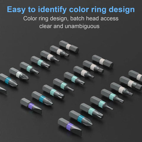Close-up view of color-coded magnetic bits from the 24-In-1 Magnetic Screwdriver Set With Detachable Ratchet Handle.