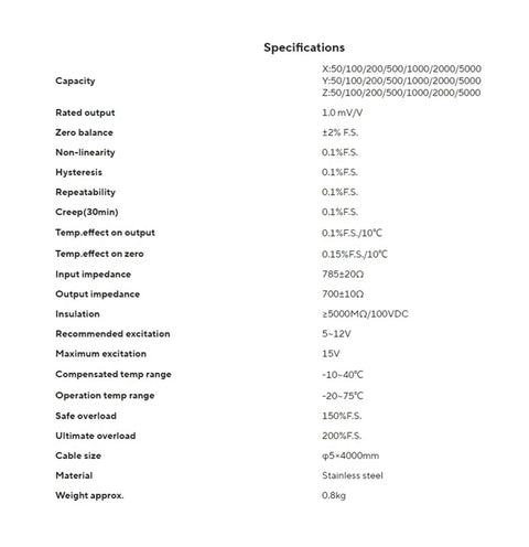 Specifications for Three Axis Load Cell For Real Time Force Measurement With Multi Axis Sensing Rugged Industrial Grade Sensor