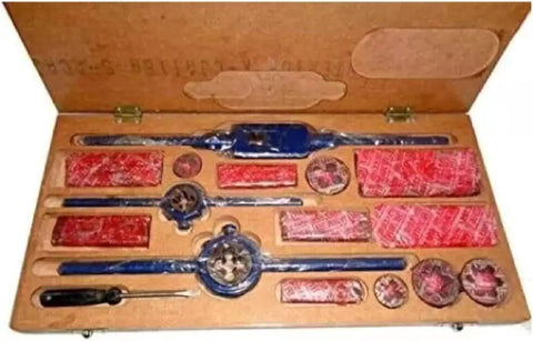 Tap And Round Die Set 1/4 To 3/4 Inch BSF British Standard Fine Complete Box in wood case with tools displayed