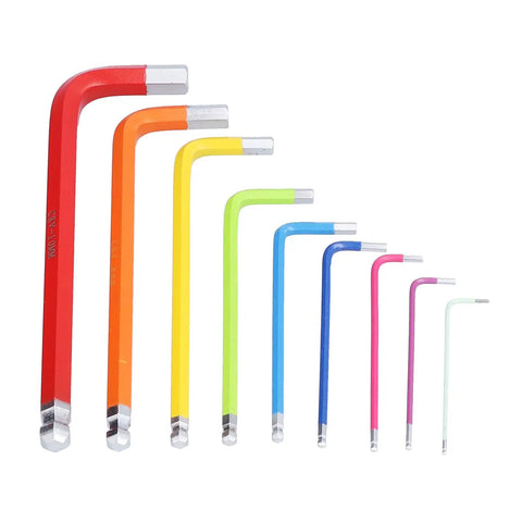 Super Cool 9 Piece Hex Wrench Set With Chrome Steel Ball Heads In Vibrant Colors For DIYers And Pros To Fix Stuff Fast And Keep Your Tools Organized. nine-color metric hex keys
