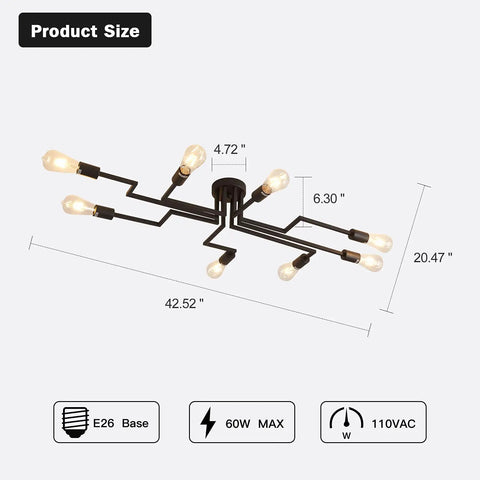 8 Light Sputnik Ceiling Light Fixture Semi Flush Mount Chandelier For Farmhouse Dining Room Living Room Bedroom Kitchen Sleek Modern Lighting E26 LED Compatible Bulbs Not Included