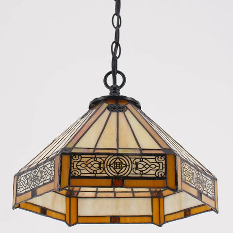 Lit Tiffany Style Pendant Light Hardwired Yellow Hexagon Stained Glass 12 Inch Mission Hanging Lamp S011 Series