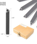 Front view of a five-piece carbide turning tool set with 1/4 inch shanks and wooden storage box