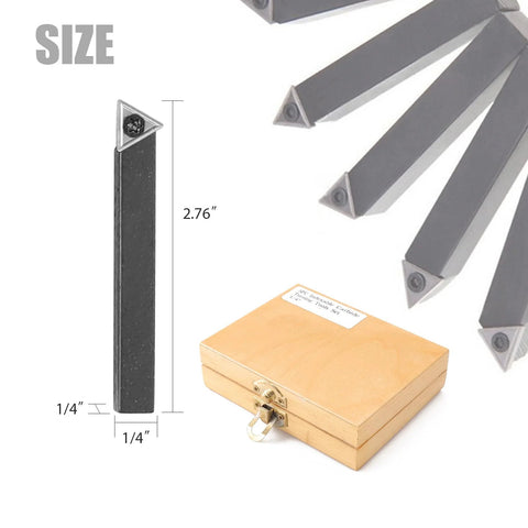 Front view of a five-piece carbide turning tool set with 1/4 inch shanks and wooden storage box