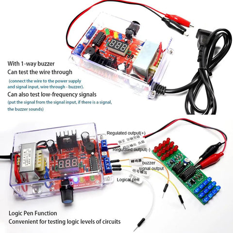 Adjustable LM317 Power Supply Kit From 110V To DC With 1.25V To 12V Output Built In Voltmeter Soldering Project For Adults Hands On Learn Electronics DIY Regulated Power Source For Prototyping Small Circuits shown in use with wiring and logic pen functions.