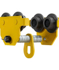 Beefy Heavy Duty Beam Trolley Hoist For 3 Ton Load Capacity Up To 6600 Lbs With Dual Track Rollers And Adjustable 2.5 To 5 Inch Flange For I Beam Steel Lifting And Precise Manual Or Electric Positioning. Yellow steel beam trolley with four rollers and adjustable flange.
