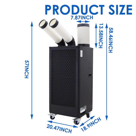 Heavy Duty Mobile Spot Cooler Packing 15400 Btu Capacity dimensions 57 x 20.47 x 18.9 inches tough stainless steel build.