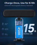 Top Notch Rechargeable Picture Lights Two Pack showing 4500mAh battery, used for 8-15 hours, sleek design for wall mounting.