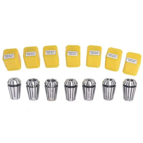 ER20 Spring Collet Set 7-Pack 1/8 To 1/2 Inch, Pro Grade Steel displayed with yellow packaging