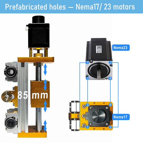 CNC Aluminum Z Axis Spindle Motor Mount 85mm Stroke 800W Spindle Holder 65mm Diameter Great Upgrade For 3018 Pro Series showing Nema17 compatibility