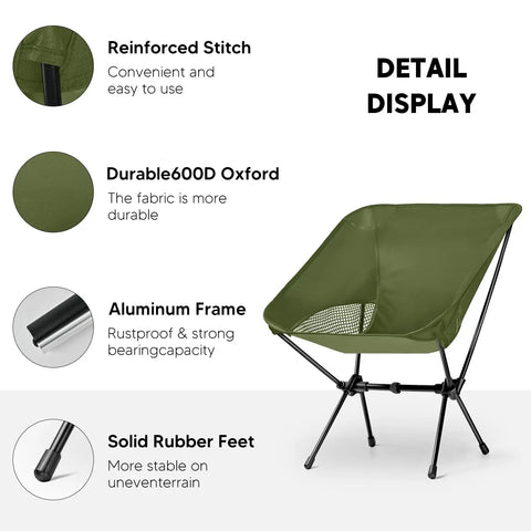 Ultra Lightweight Folding Camp Chair With Carry Bag For Outdoor Travel Beach Picnic Festival Grab And Go 2.5 Pound Portable Backpacking Seat Green Easy Setup Sturdy Frame For Any Outdoor Adventure with durable green oxford fabric and aluminum frame, detail highlights.