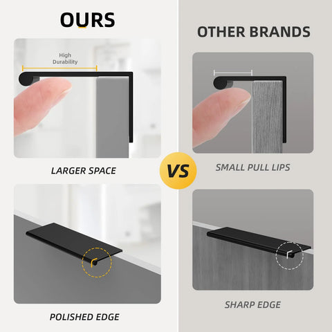 Comparison of 20 Pack Black Cabinet Pulls Five Inch Edge Finger Pulls Aluminum Alloy Hardware showing larger space and polished edges vs small pull lips and sharp edge of other brands.