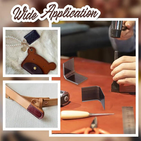 Collage showing Leather Corner Punch Set With 15 Size Triangular Edge Trimmers And Circle Cutter Kit used on leather projects.