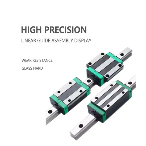 Heavy Duty High Precision Linear Guide Rail Kit HGH25HA And HGW25HC Bearing Slider Blocks Designed For Smoother 3D Printing CNC Machining Projects With Zero Stick-Slip Operation And Rock Solid Stability. three bearing blocks on steel rails