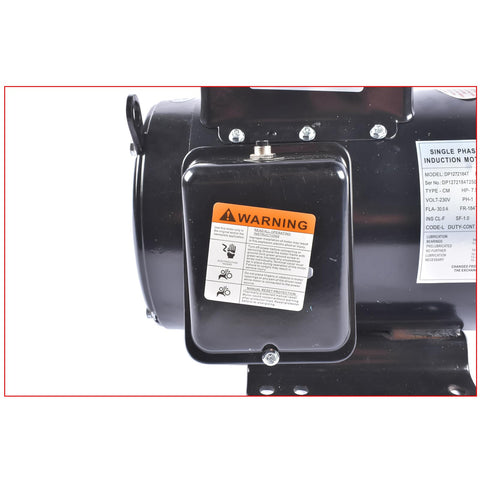 Close-up of Rock Solid Heavy Duty 7.5 Hp Air Compressor Motor Single Phase Electric Motor showing warning label and specifications.