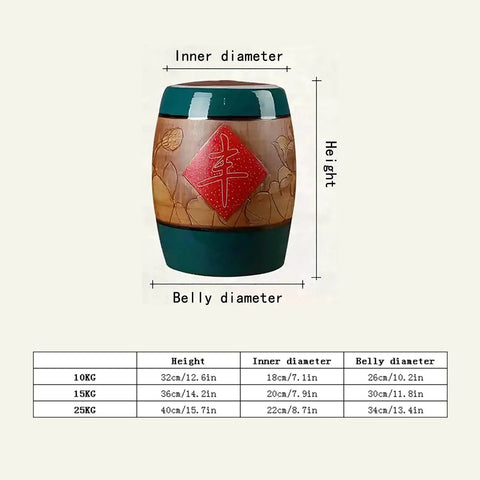 Game Changing Ceramic Rice Jar With Secure Lid, Oversized Countertop Food Storage Bin For Pantry Organizing, showing dimensions and design.