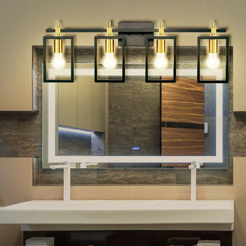 4 Light Bathroom Vanity Fixture With Black And Brass Finish 36 Inch Industrial Wall Mount Vanity Lighting Over Mirror