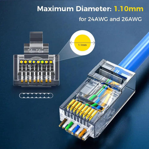 100 Pack RJ45 Cat6 Pass Through Connectors For Solid Or Stranded UTP Cable, Modular Plugs, Easy Crimp Termination, Supports 24 To 26 AWG And Up To 6.1mm OD, Pro Grade For Home Office Networking And DIY Cabling, clear RJ45 plug for 24-26 AWG
