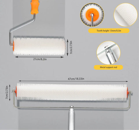 Pro Grade Self Leveling Concrete Tool Kit with Adjustable Extension Pole featuring spiked rollers, dimensions, and metal support rod