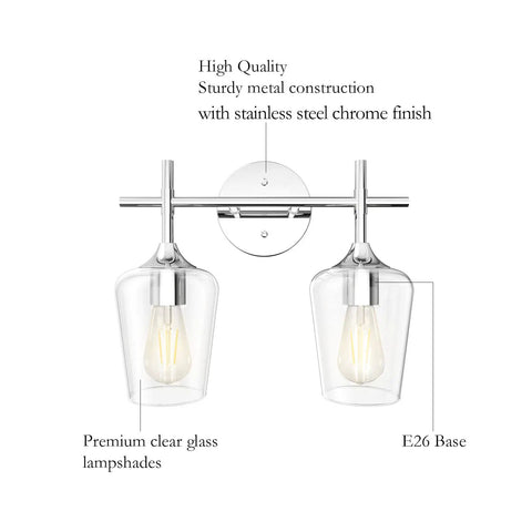 Chrome Two Light Bathroom Fixture With Clear Glass Wall Mount Sconce showing detailed view with clear glass lampshades and E26 base