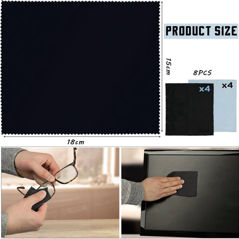 Microfiber cleaning cloths, Amazon 8-pack, 18 cm square; 4 black, 4 blue; ultra-soft, lint-free.
Microfiber cleaning cloth used to wipe eyeglasses; handheld close-up shows soft texture.
Microfiber cleaning cloth used on a television screen; lint-free, soft fabric.