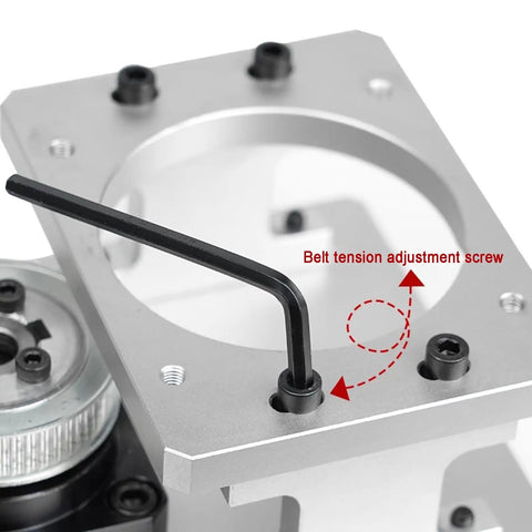 Detail of Built Different Hollow Rotary Actuator showing belt tension adjustment screw on aluminum platform for 86 stepper motor.