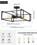 4 Light Black Semi Flush Mount Ceiling Light Fixture With Industrial Farmhouse Vibe, dimensions and bulb compatibility details