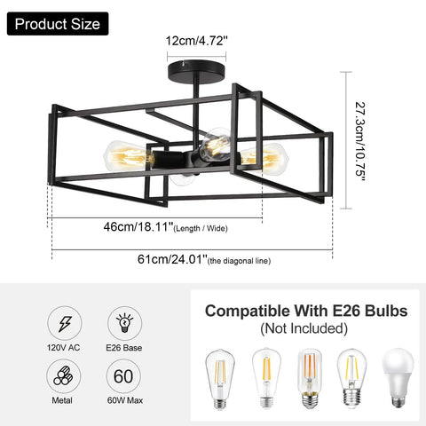 4 Light Black Semi Flush Mount Ceiling Light Fixture With Industrial Farmhouse Vibe, dimensions and bulb compatibility details