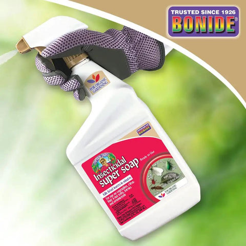 Gloved hand holding Captain Jack's Insecticidal Super Soap 32 Oz Ready To Use Spray For Organic Gardening And Outdoor Plants Pest Defense