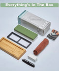 Two Sided Whetstone Knife Sharpener With 1000 And 6000 Grit Wet Stone Kit For Kitchen Knives with anti-slip base, angle guide, and guidebook.