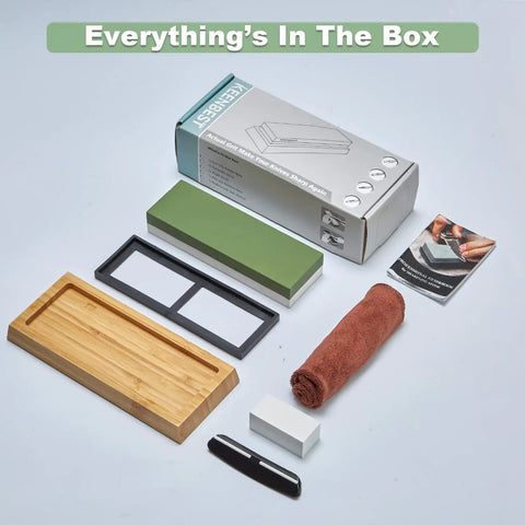 Two Sided Whetstone Knife Sharpener With 1000 And 6000 Grit Wet Stone Kit For Kitchen Knives with anti-slip base, angle guide, and guidebook.