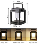 Outdoor Solar Lantern Table Lamp With Handle Portable Hanging LED Light showing dimensions and three brightness levels.