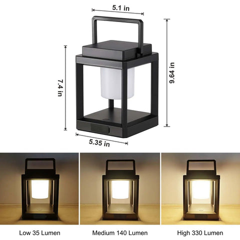 Outdoor Solar Lantern Table Lamp With Handle Portable Hanging LED Light showing dimensions and three brightness levels.