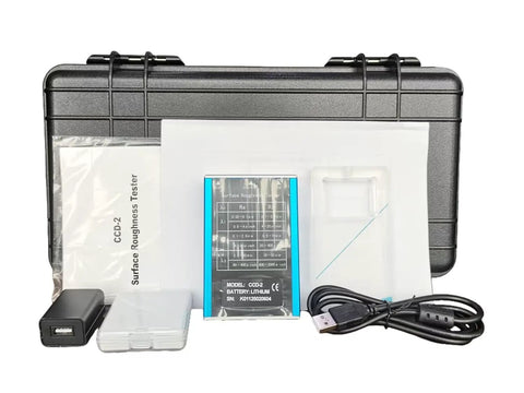 Surface Roughness Tester Profilometer with USB Data Output, shown with accessories including USB cable and carrying case