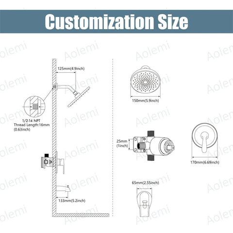 Diagram showing dimensions for Matte Black Shower Tub Faucet Set With Pressure Balance Valve, Wall Mount Trim Kit, 6 Inch Tub Spout.