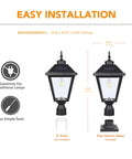 Sun Powered Dusk To Dawn Solar Post Light With Base Bright LED Outdoor Lamp diagram with dimensions and installation details.