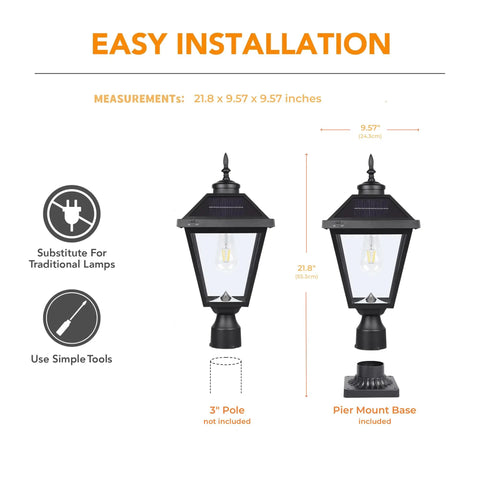 Sun Powered Dusk To Dawn Solar Post Light With Base Bright LED Outdoor Lamp diagram with dimensions and installation details.