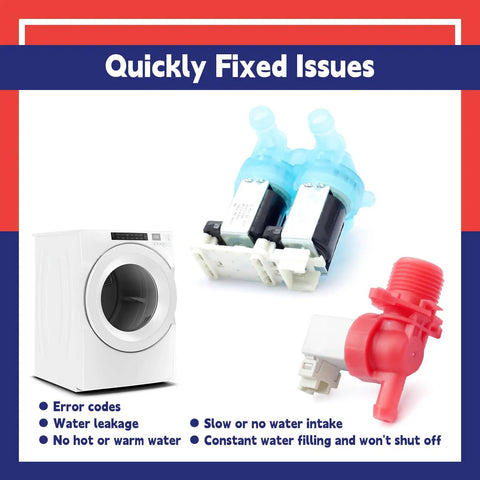 Solid Washer Cold And Hot Water Inlet Valve Set No Sweat Drop In Fit For Whirlpool Appliances Replaces W11688994 W11688995 two durable blue valves and a red connector.