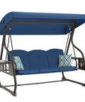 Blue three seat patio porch swing with canopy and adjustable backrest, outdoor glider with stand, foldable side tray and removable pillows