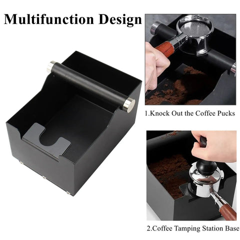 Espresso Knock Box With Tamping Station Base And Portafilter Stand, stainless steel coffee grounds bin, black finish, 51mm portafilter use