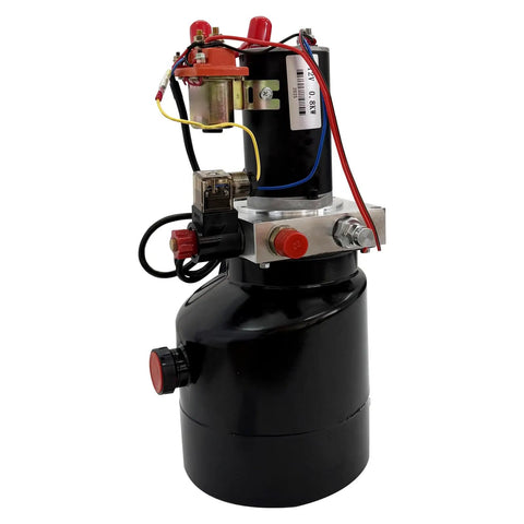 Dinenovate 12V Small Hydraulic Power Unit 800W, iron build, single valve pump, 6L tank, designed for dump trucks and lifting equipment.