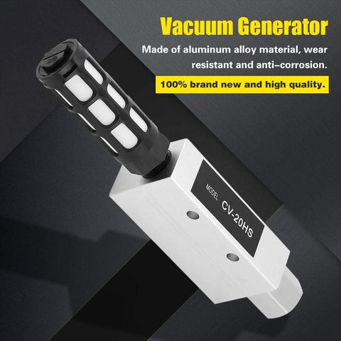 CV-20HS vacuum generator with silencer; white aluminum alloy body and black handle (front view).