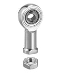 Built Tough Stainless Steel Rod End Bearings Two Pack Featuring Smooth Self Lubricating Joints Exact 1/4 Inch Bore 0.039 Pitch And Right Hand Female Threads For Heavy Duty Mechanic Tasks close-up of a stainless steel rod end bearing and nut.