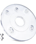 Dead Nuts Accurate Palm Router Subbase With Reinforced Round Base Plate, translucent PC with mounting screws, 6-inch diameter.