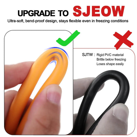 Image comparing SJEOw extension cord's flexible orange design to SJTW's rigid black material, highlighting outdoor use.