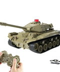 RC Battle Tank Toy For Kids And Boys 2.4Ghz Radio Control Military Truck With 270 Degree Rotating Turret displayed with remote control