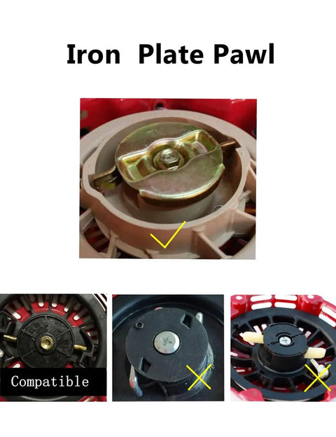 Close-up of Universal Recoil Pull Start Starter components for Predator, Champion, Honda, Ryobi Engines, featuring iron plate design.