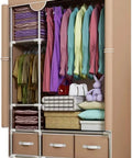 Heavy Duty Freestanding Wardrobe Closet With Steel Hanging Rod And Open Shelves For Bedroom Storage Game Changer displaying organized clothes and shelves.