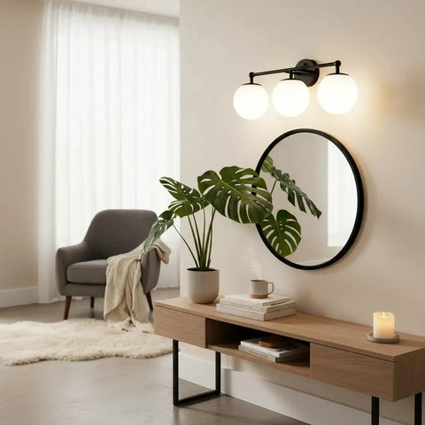 Three Light Black Vanity Light Fixture With Milky White Glass Globe Shade Sleek Modern Minimalist Wall Sconce Over Mirror Lighting